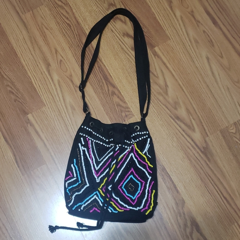 NWOT black fabric beaded Bucket bag purse
